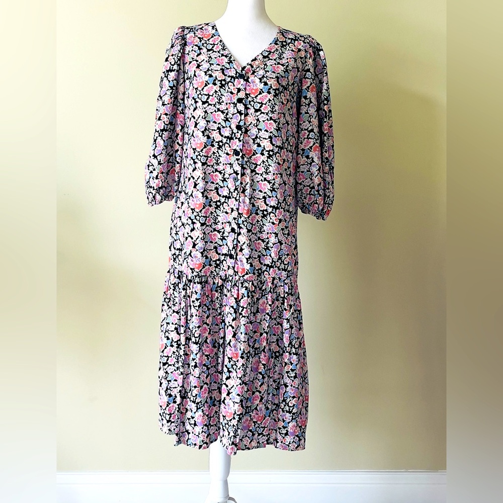 LC WAIKIKI CLASSIC Floral Black & Pink Women's 3/4 sleeve Midi Dress NWOT Size S